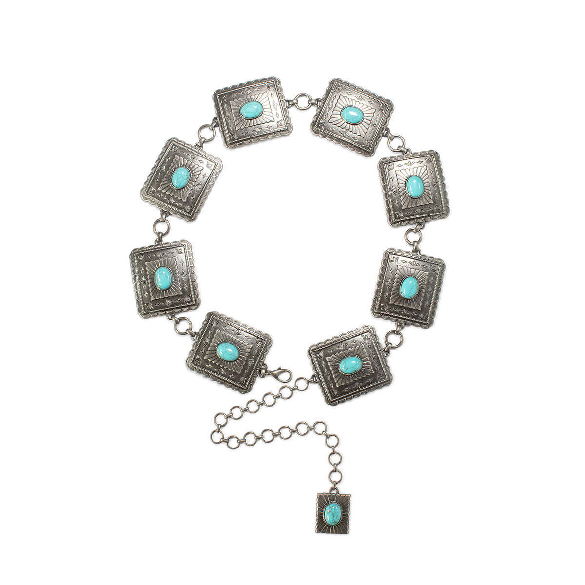 Silver concho belt with square pendants and turquoise stones on a white background