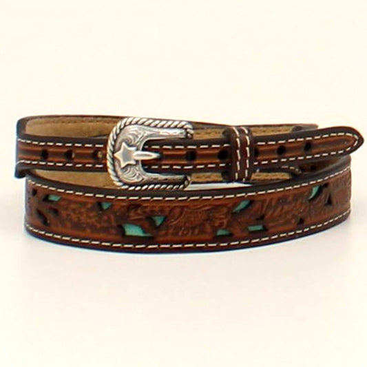 Spruce up your favorite hat with this genuine leather hatband with floral tooling overlay and a turquoise underlay. Buckle closure. 3/4 inch wide tapers to 3/8. Imported.