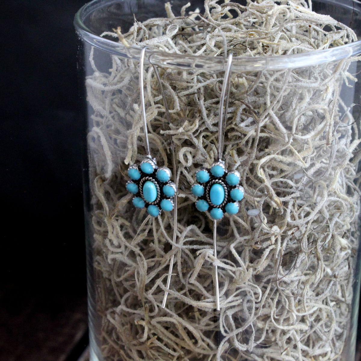 Turquoise Flower Long Hook Western Style Earrings