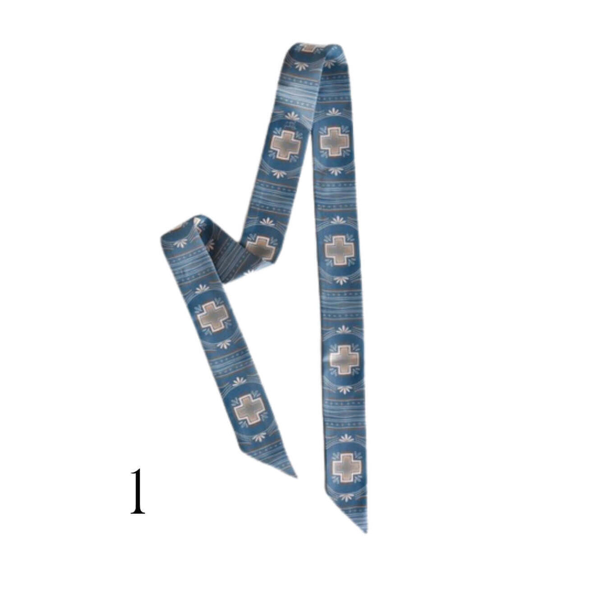 A blue patterned silk twilly with a repeating Southwestern-style cross and geometric design, shown on a plain white background with a small black number '1' in the lower-left corner.