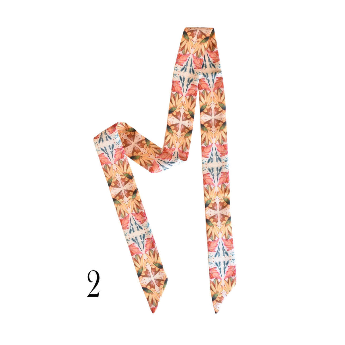 A silk twilly with a vibrant, symmetrical tropical floral pattern in orange, pink, blue, and green, displayed on a clean white background with a black number '2' printed below it.