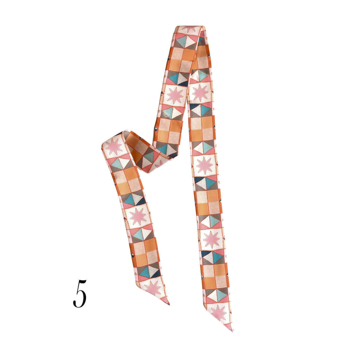 A patterned twilly scarf with a geometric design featuring orange, pink, teal, and white starburst and checkered motifs, displayed on a clean white background with the number 5 in the lower-left corner.