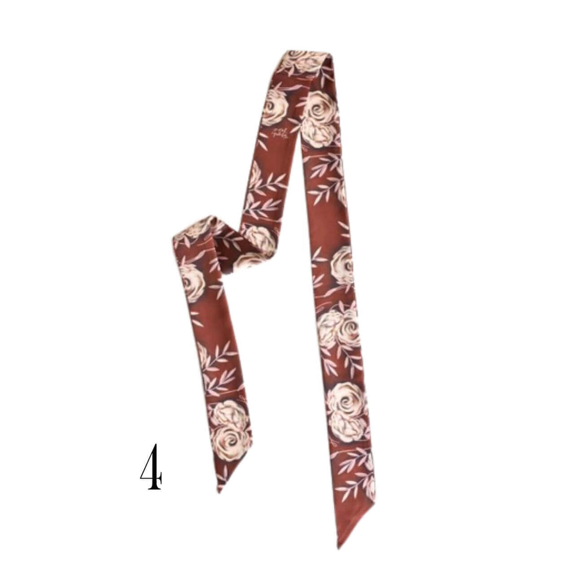 A silk twilly scarf with a brown base and a pattern of cream roses and white leaves, shown on a plain white background with a black number '4' printed near the bottom left.