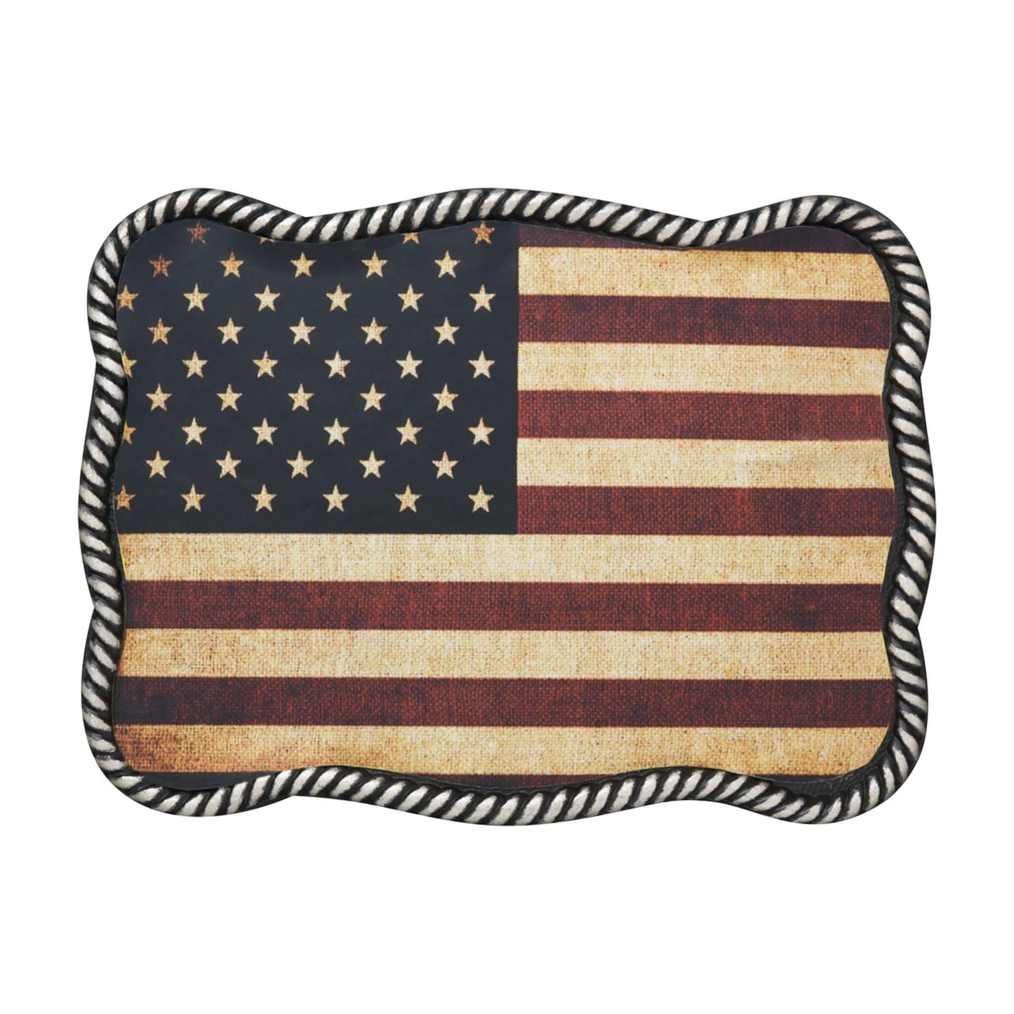 This men's buckle will show off your patriotic side. The rectangular buckle in an antique nickel finish has a vintage USA flag design. The buckle is framed with a traditional rope trim for a classic look. Measures: 2-3/4" X 3-3/4".