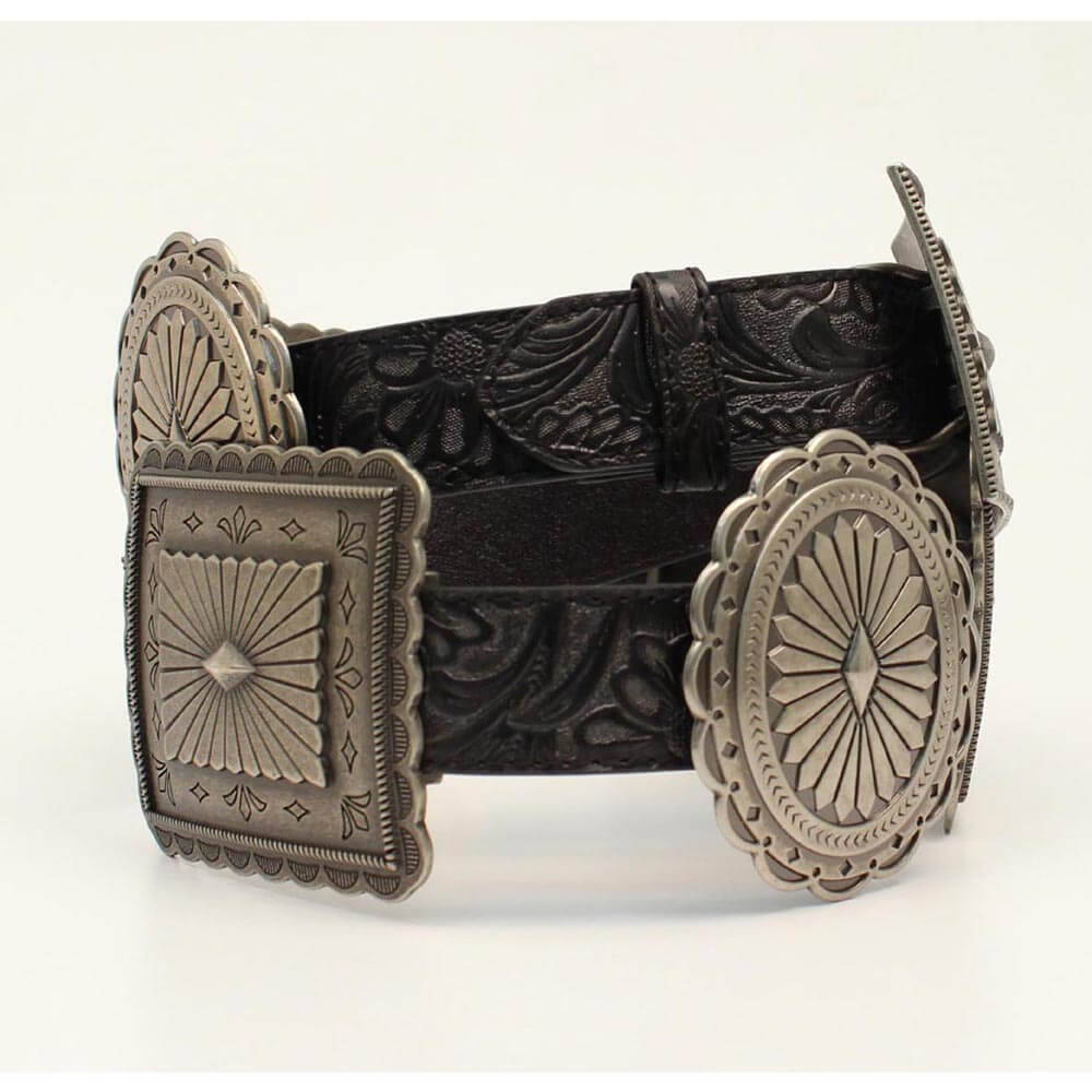 This ladies cowgirl belt has a stylish western look. The 1-1/2 inch black embossed strap has large alternating oval and rectangle antique silver western conchos. This belt is perfect for a night on the town.&nbsp;