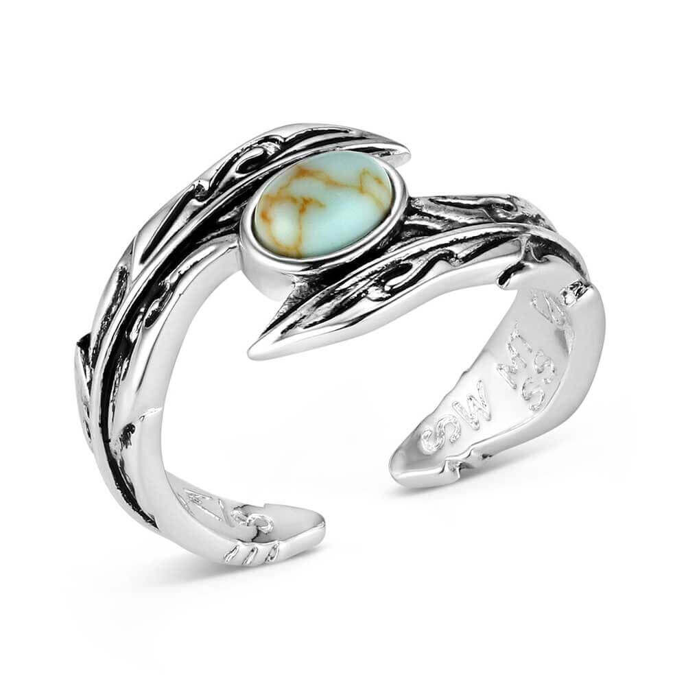 Windsong Leaf Western Ring showcasing turquoise stone and intricately sculpted feather designs.