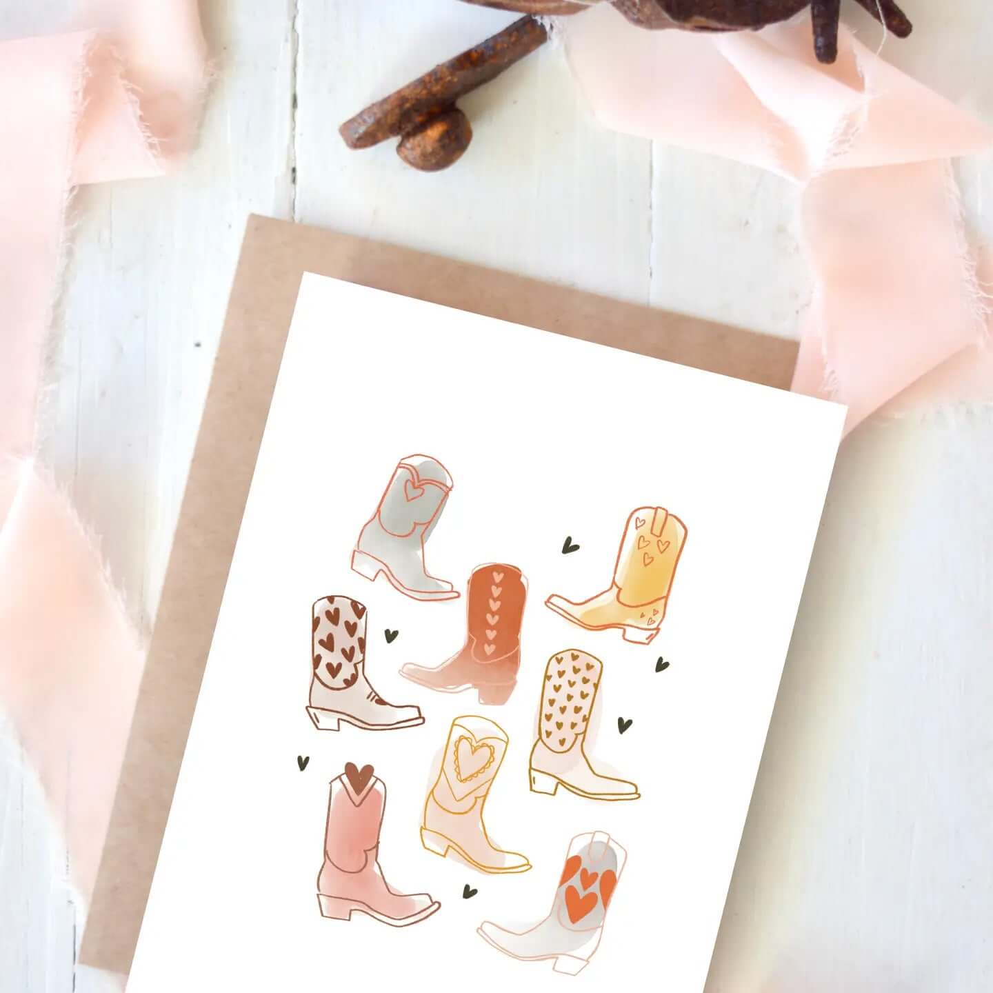 Cowgirl & Cowboy Western Greeting Cards Blank featuring colorful illustrated cowboy boots.