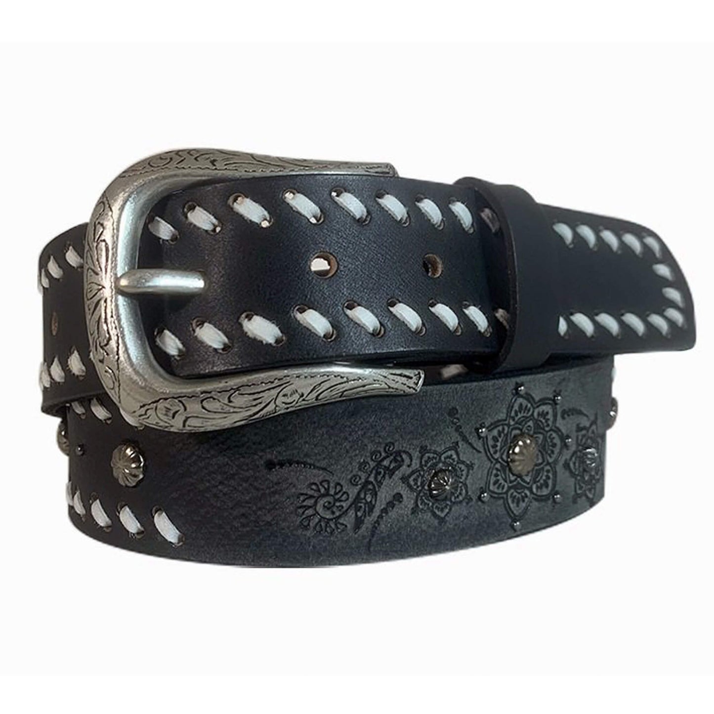 Show your love of the western lifestyle with this distressed genuine leather, floral emboss design, and silver finish buckle. This belt is the perfect complement to a western style wardrobe. 1-1/2" wide.