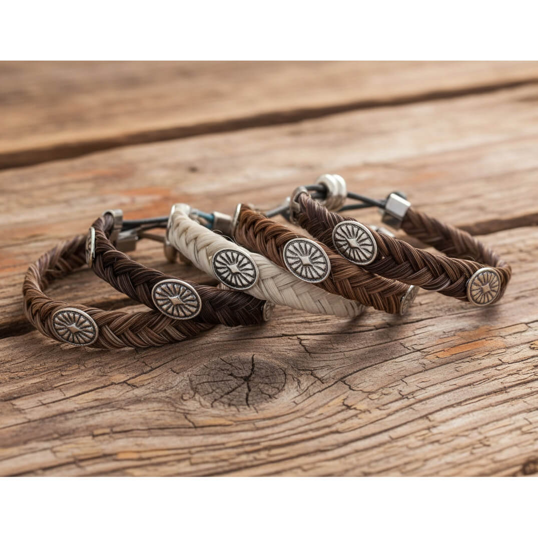 Three braided horsehair bracelets with round silver-tone medallion charms, displayed on a rustic wooden surface. Two bracelets are dark brown and one is cream/off-white.
