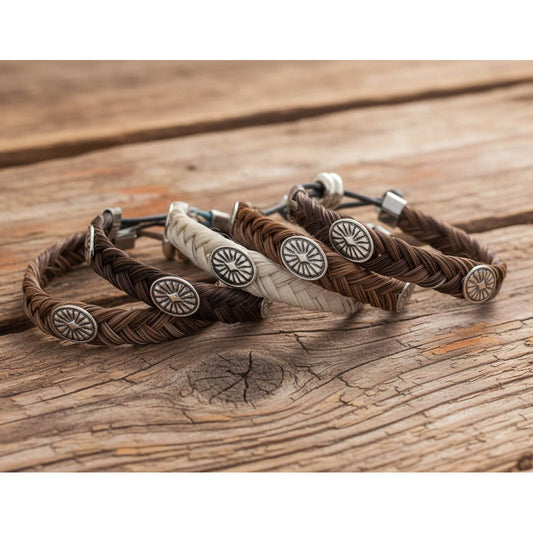 Three braided horsehair bracelets with round silver-tone medallion charms, displayed on a rustic wooden surface. Two bracelets are dark brown and one is cream/off-white.