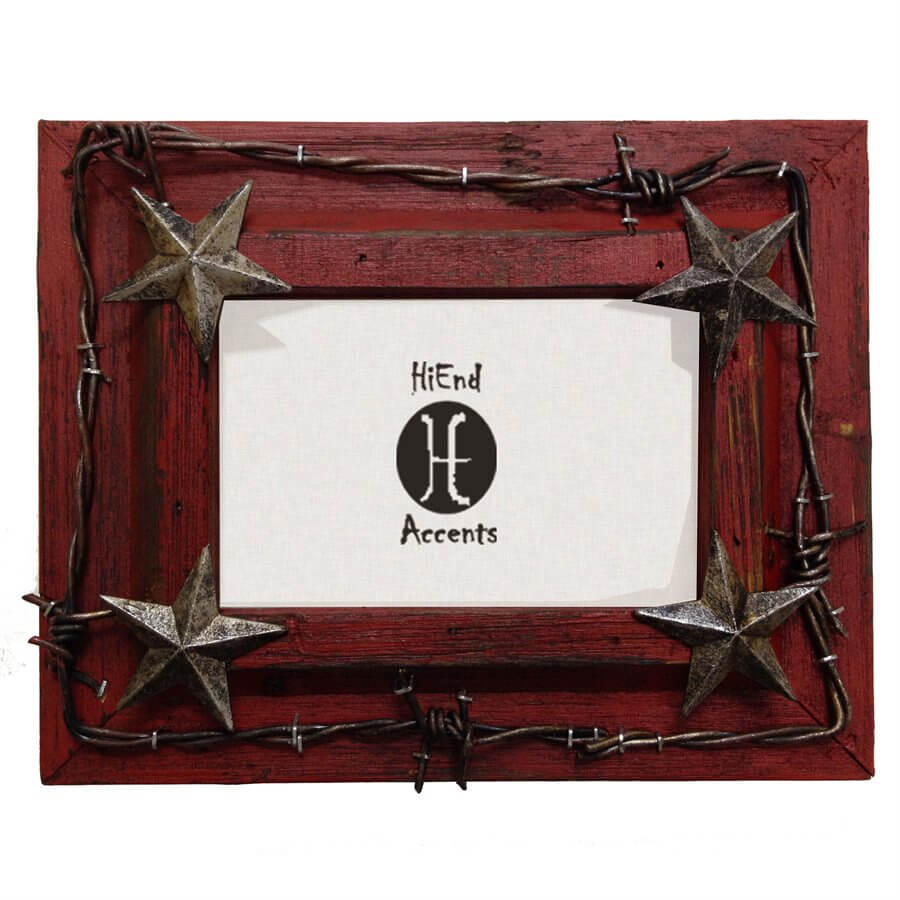 Red painted and distressed wooden picture frame with barbedwire and tarnished silver stars adds a touch of western flavor to your room. For photographs measuring 4" X 6". Also available in 8" X 10". Can be utilized with either vertical or horizontal photographs. Back has swing tabs for easy installation, and a thick layer of glass protects your image. Imported