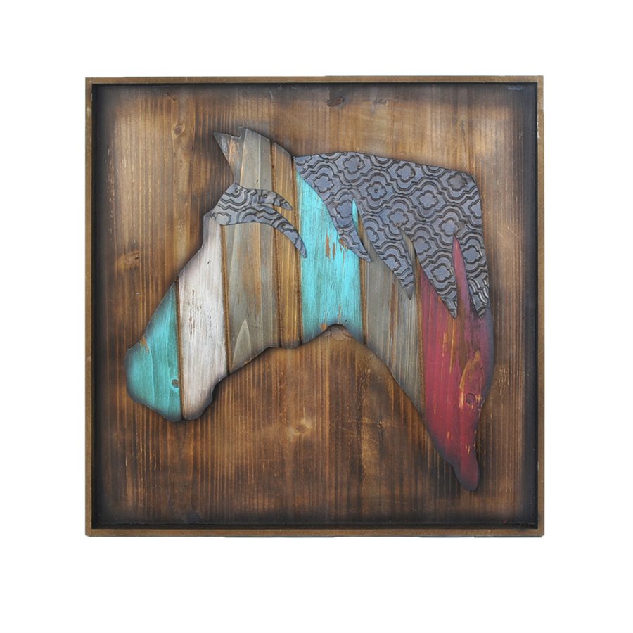 Add some western modern art to your home or office walls. A touch a color with wood and metal elements make this a classy, fun piece of art. Measures 23.5" x 23.5"