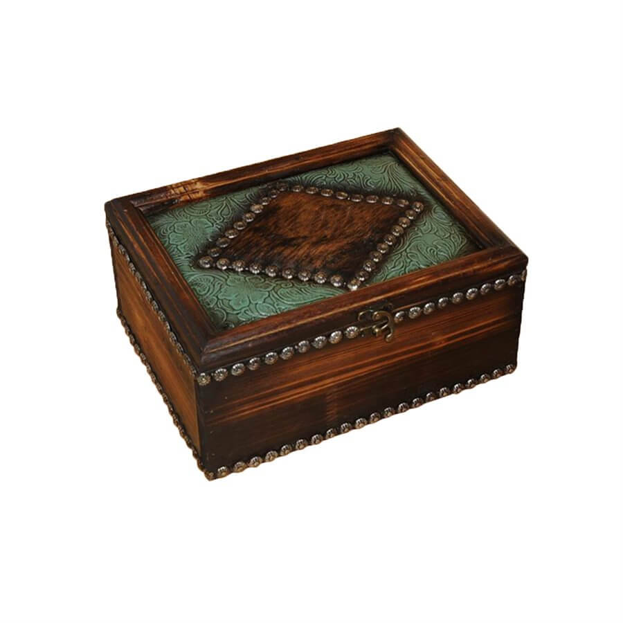 This western trinket box is decorative and useful in one! Keep your things organized and neat with this wooden box that has just the right style and would look great in any style home. Makes a great gift! 10.5" X 8" X 5"