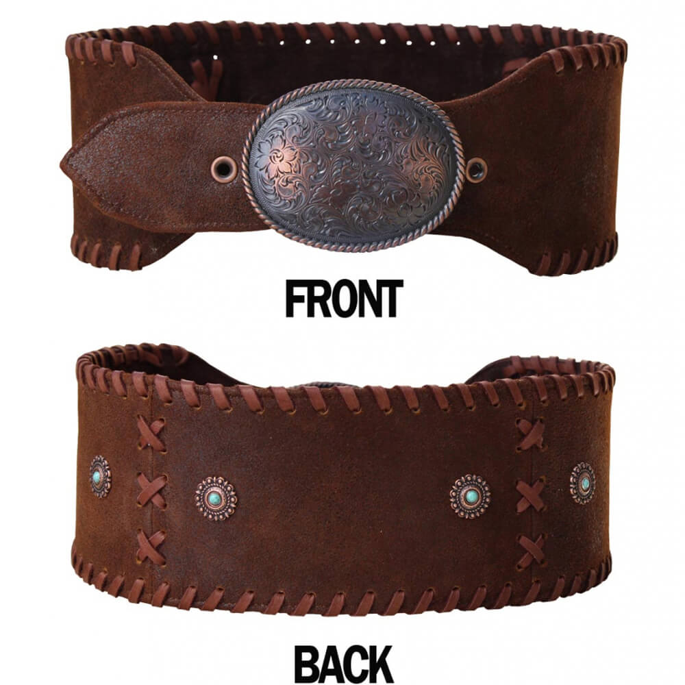 Accessorize your outfit with this ladies wide belt made in soft Mendocino lamb leather and Back with a pig suede leather. Whipped stitched leather trimmed edges and copped Conchos complete the belt. Wear it on your waist or high hip. Made in USA 