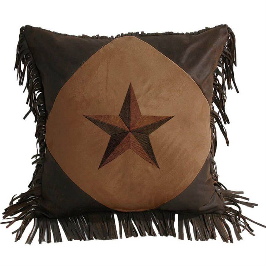 A striking accent pillow for any Western home. This pillow spotlights a lone Western star in chocolate or turquoise embroidery atop a rich tan faux suede background. Chocolate faux leather scalloped corners and fringed edges frame the ensemble for a luxuriously detailed touch. Bolster the Western aesthetic with our Laredo shower curtains, runners, placemats, and other coordinating home accessories. 18" X 18"