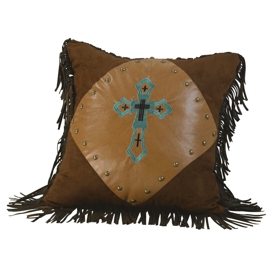 This dark tan coordinating Laredo pillow features an embroidered turquoise cross on faux suede and is accented with contrasting scalloped edges and fringe. Embroidered Cross Pillow, 18"X18"