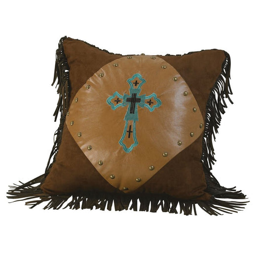 This dark tan coordinating Laredo pillow features an embroidered turquoise cross on faux suede and is accented with contrasting scalloped edges and fringe. Embroidered Cross Pillow, 18"X18"