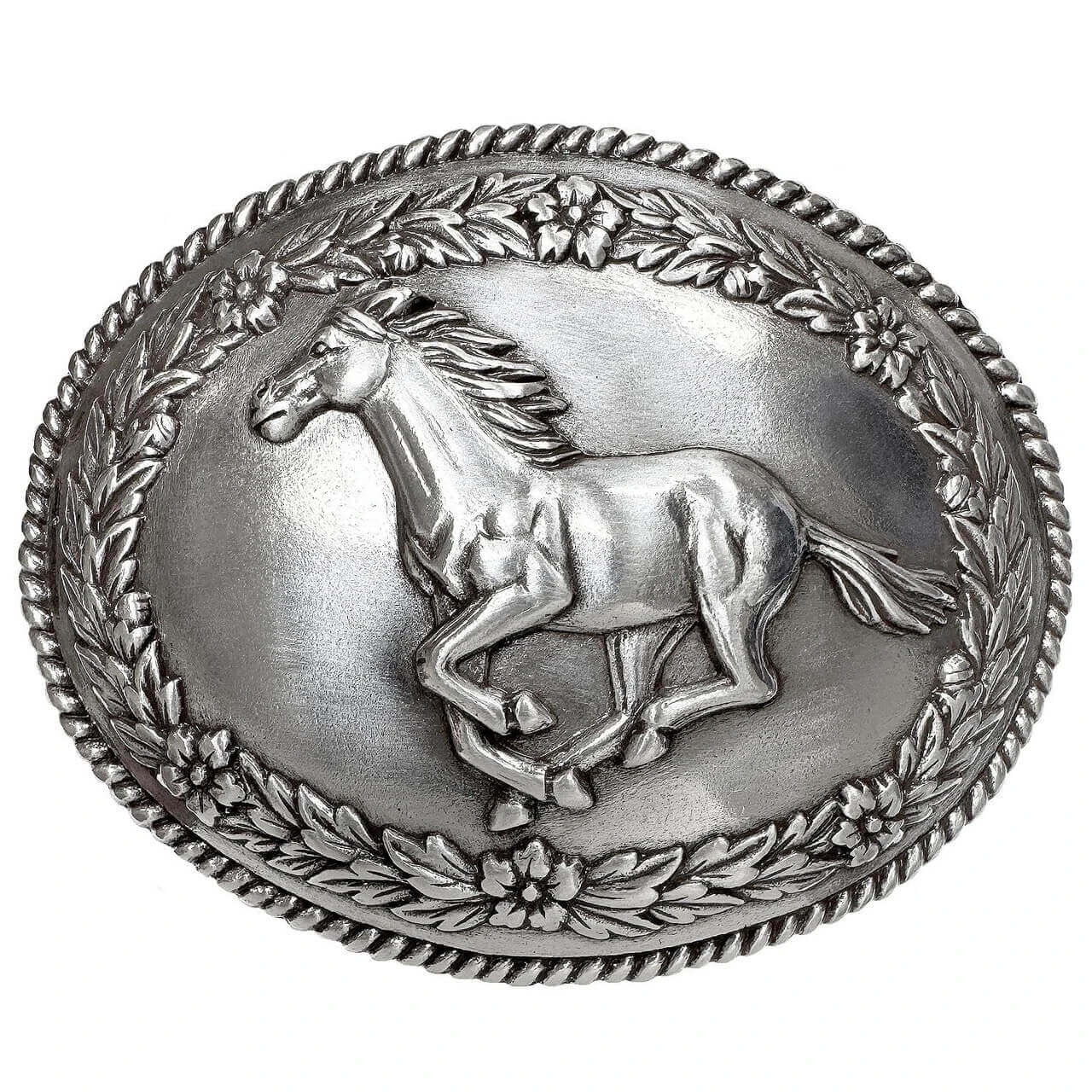 Western Antique Silver Rope Edged Horse Belt Buckle featuring detailed running horse design in antique silver finish.