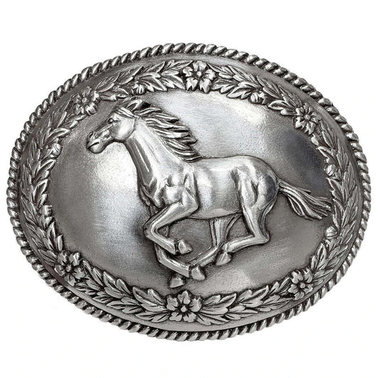 Western Antique Silver Rope Edged Horse Belt Buckle featuring detailed running horse design in antique silver finish.