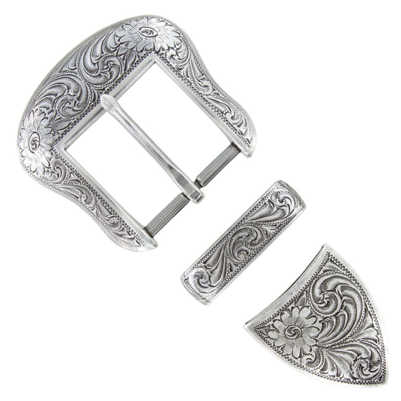 Silver belt buckle with intricate floral patterns on a white background