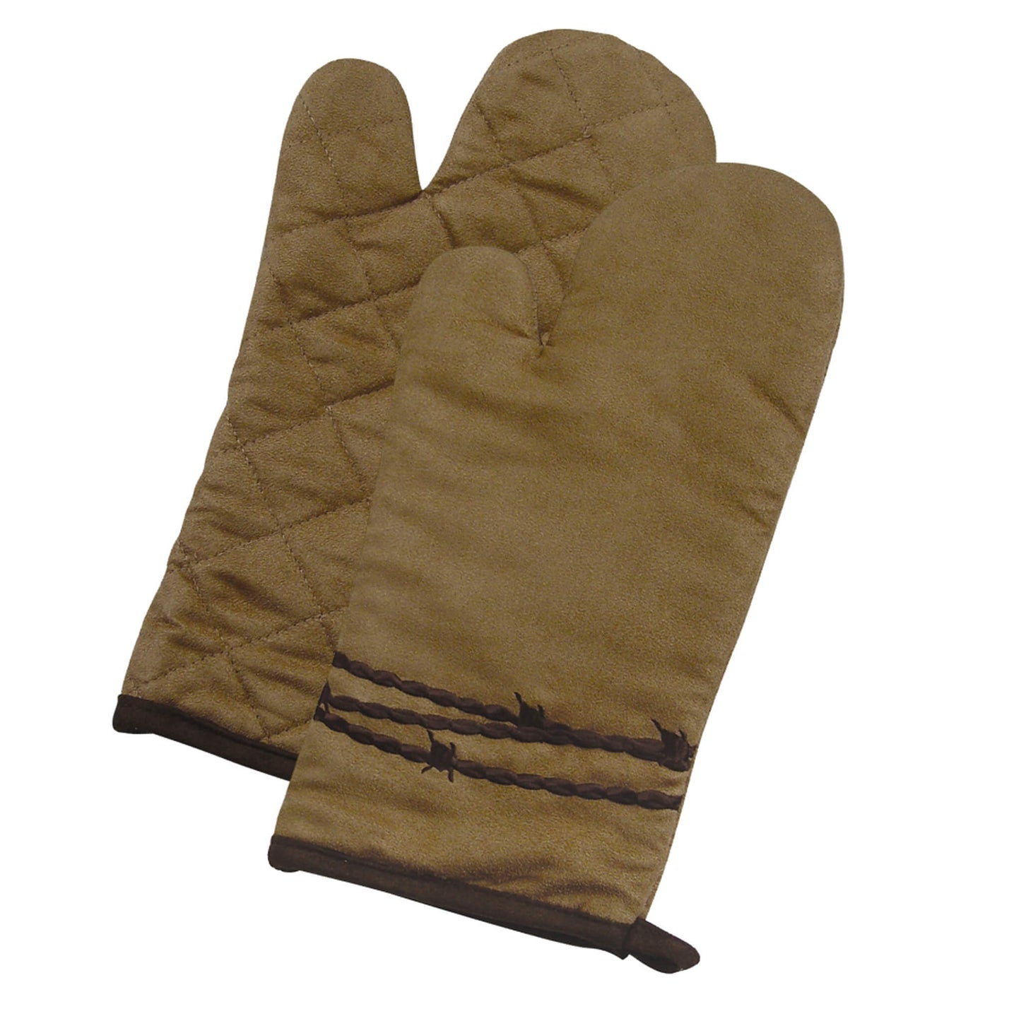 A great western themed Kitchen set features an embroidered barbwire suede oven mitt (Single). 13" x 7" Cotton. Machine wash cold.