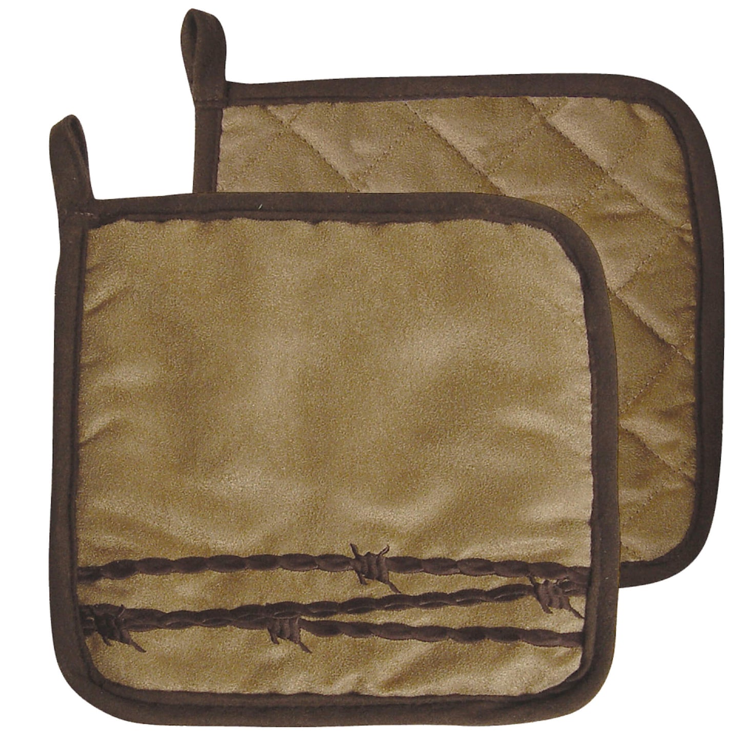 A great western themed Kitchen set features an embroidered barbwire suede pot holder (set of Two). 8" x 8" Cotton. Machine wash cold.