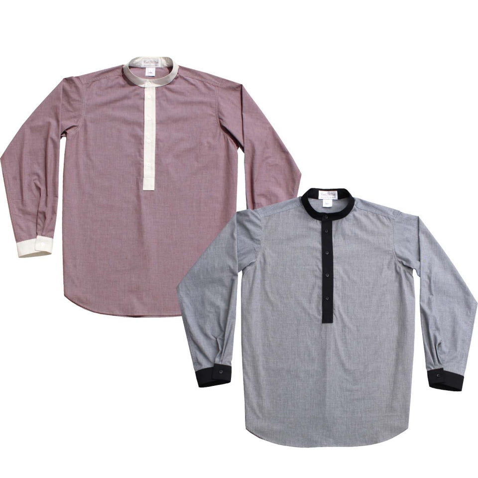 This shirt will offer today’s cowboys a comfortable, cool version of the reminiscent of shirts once worn. Pullover shirt features a button down front placket, cuffs and a band collar in a solid contrast. Perfect for old west re-enactments, pioneer or frontier days or your next trail ride. Layer it with a vest for a different look. 100% Fine Cotton. Made in USA.