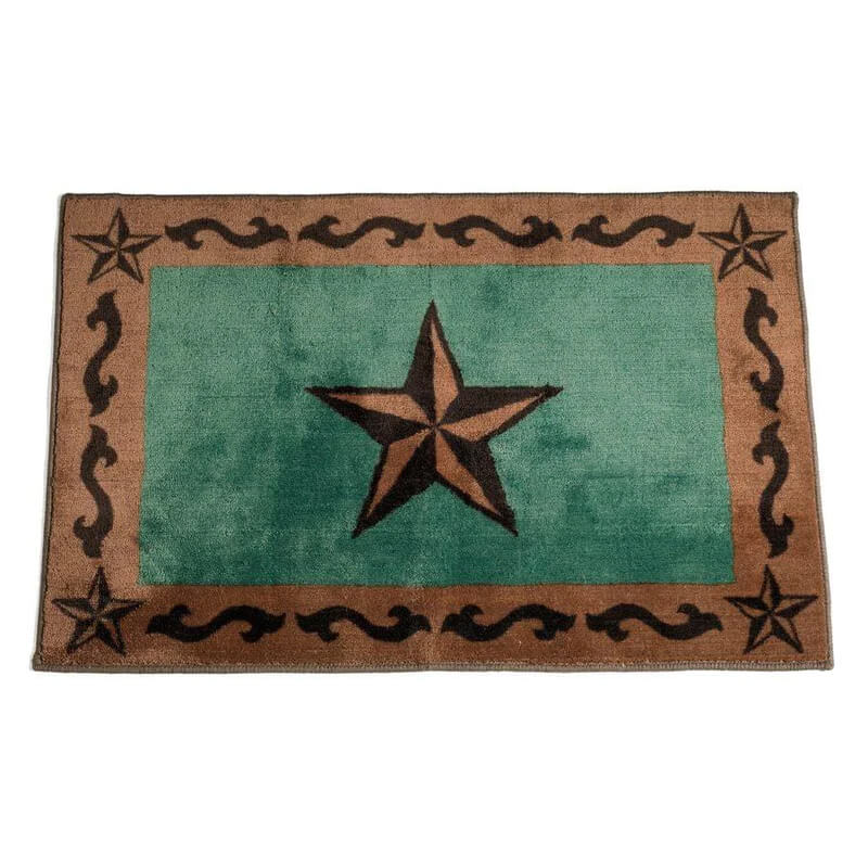 Emblazoned with iconic Western stars and scroll motifs, this accent rug sets a classic Western tone in your living space. An elegant motif border frames a lone two-tone star in the center—all set atop a rich turquoise and dark tan backdrop. Have peace of mind wherever you place this rug because of its anti-slip latex backing. 