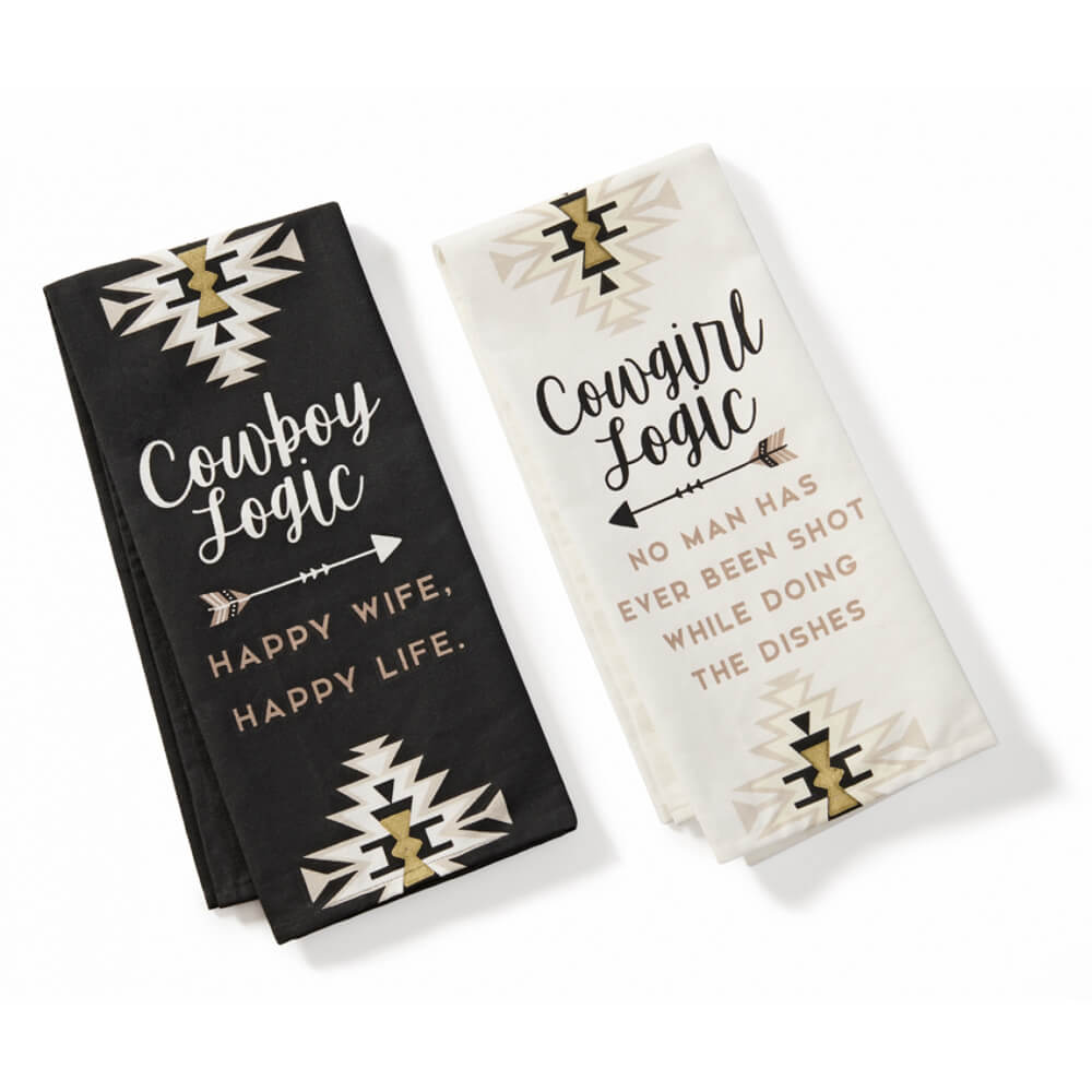 Decorate with your kitchen with this white cotton tea towel detailed with southwest-inspired design and sentiment in black typography. Available in two assorted designs: