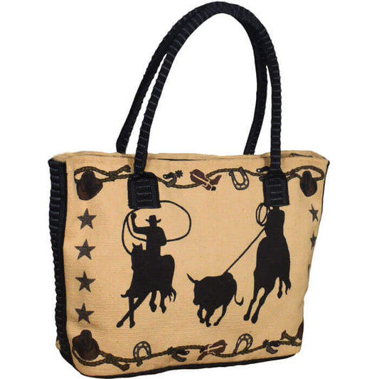 Beige tote bag with black rope handles and cowboy and bull silhouette design on a white background