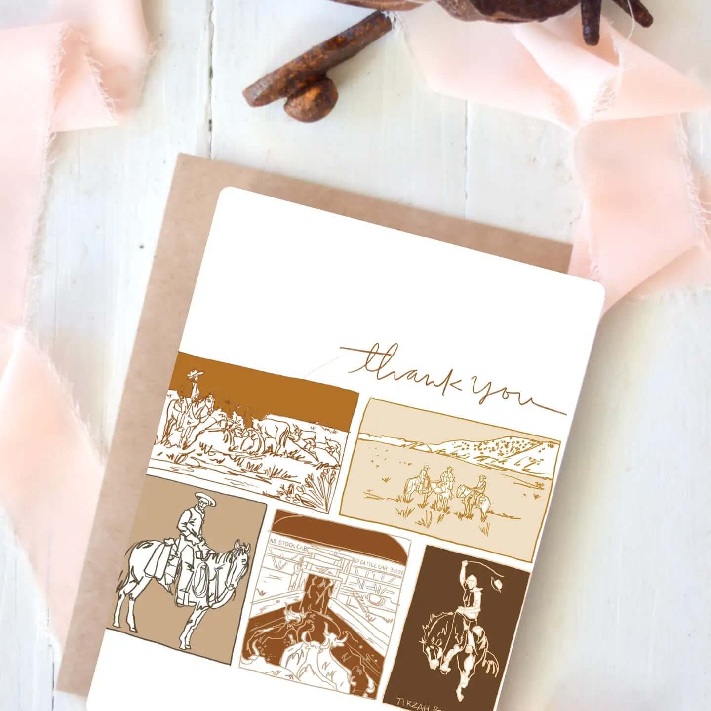 Cowgirl & Cowboy Western Greeting Cards Blank featuring colorful western-themed illustrations and 'thank you' text.
