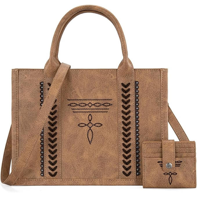 Discover the perfect blend of style and function with the Western Vintage Tote Bag. This stunning bag showcases a unique western flair with its longhorn whipstitch and stylish rivet accents. Designed for those who appreciate both fashion and practicality, it offers ample storage space with a zip pocket, an open pocket, and an included card wallet set, making it ideal for everyday use. Measuring 12.8"x 9.5"x 5"