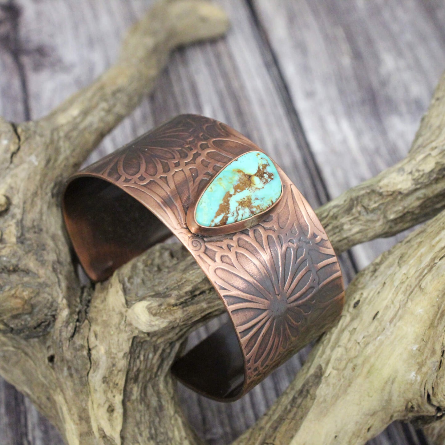 Wide Flower Copper Cuff with Turquoise