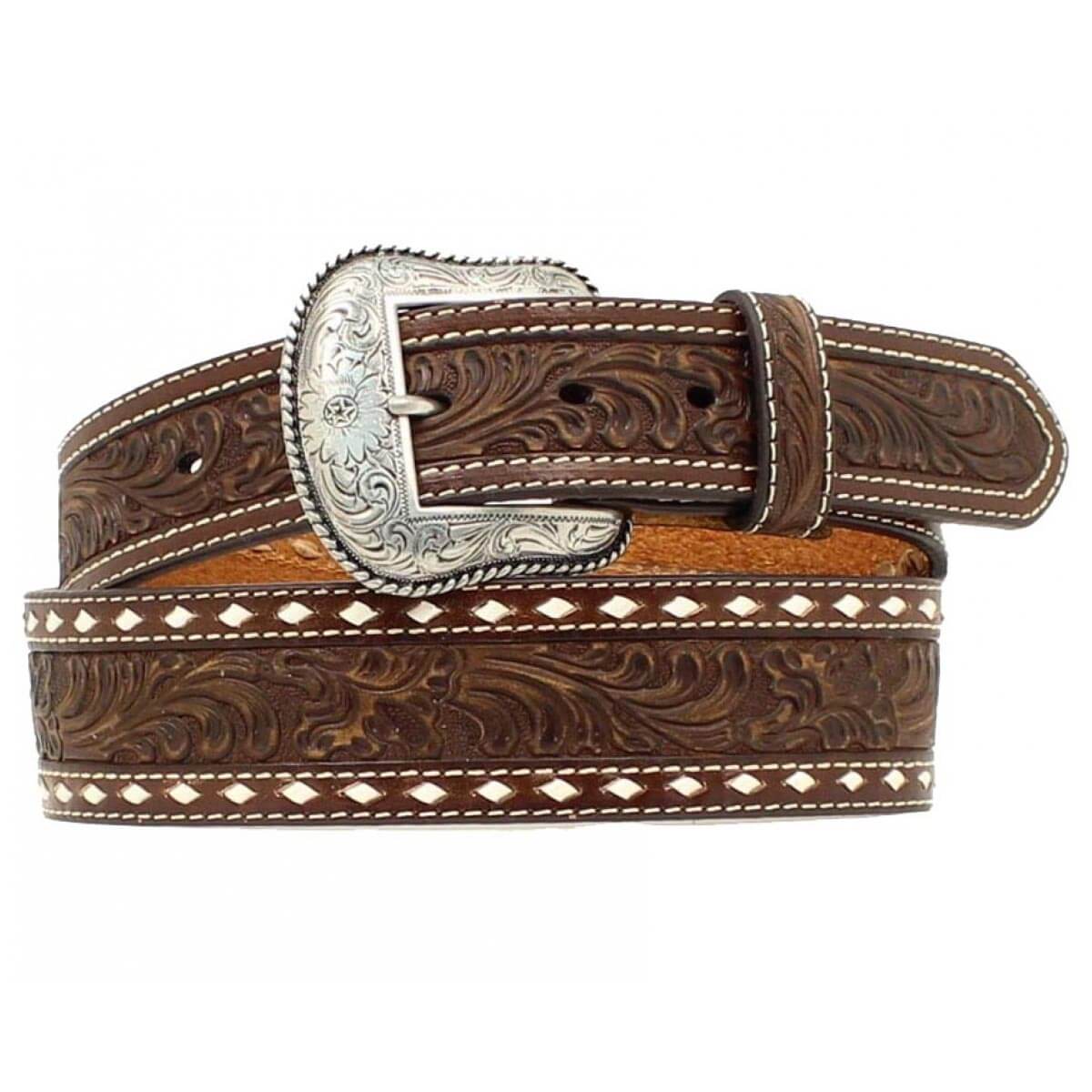 Enjoy comfort and durability from this Men's Nocona belt. This brown leather belt features a western floral and cross tooling in the center of the strap and white laced trim. Belt measures 1-7/8" that tapers to 1-1/2" at the ends. Interchangeable silver buckle.