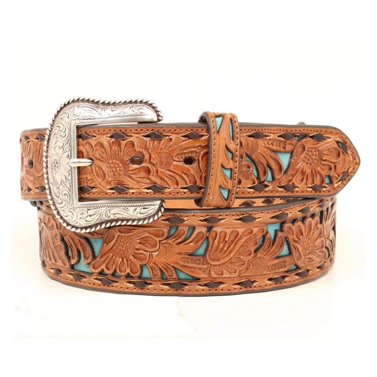 This modern western design that is sure to get you noticed. It has a tapered strap with a floral overlay pattern, and a contrasting underlay. The edges have a contrasting buck stitch lacing. The interchangeable buckle has detailed floral and scroll etching. This quality belt is designed for every day wear.