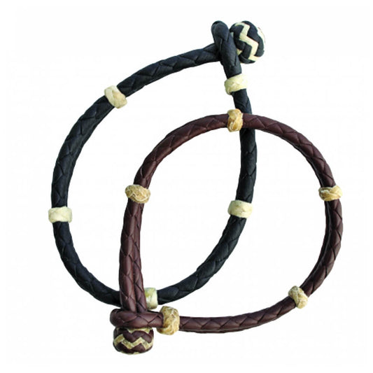 Available in black or brown, these Wild West Braided Bracelets are constructed of leather with rawhide knots. Eight strands of soft yet strong leather are hand braided into an outstanding bracelet that will grow softer to the touch and richer in color over time. Loop knot fastener keep the design simple and elegant. Made in the USA. Specify men's 9" or women's 8" size.