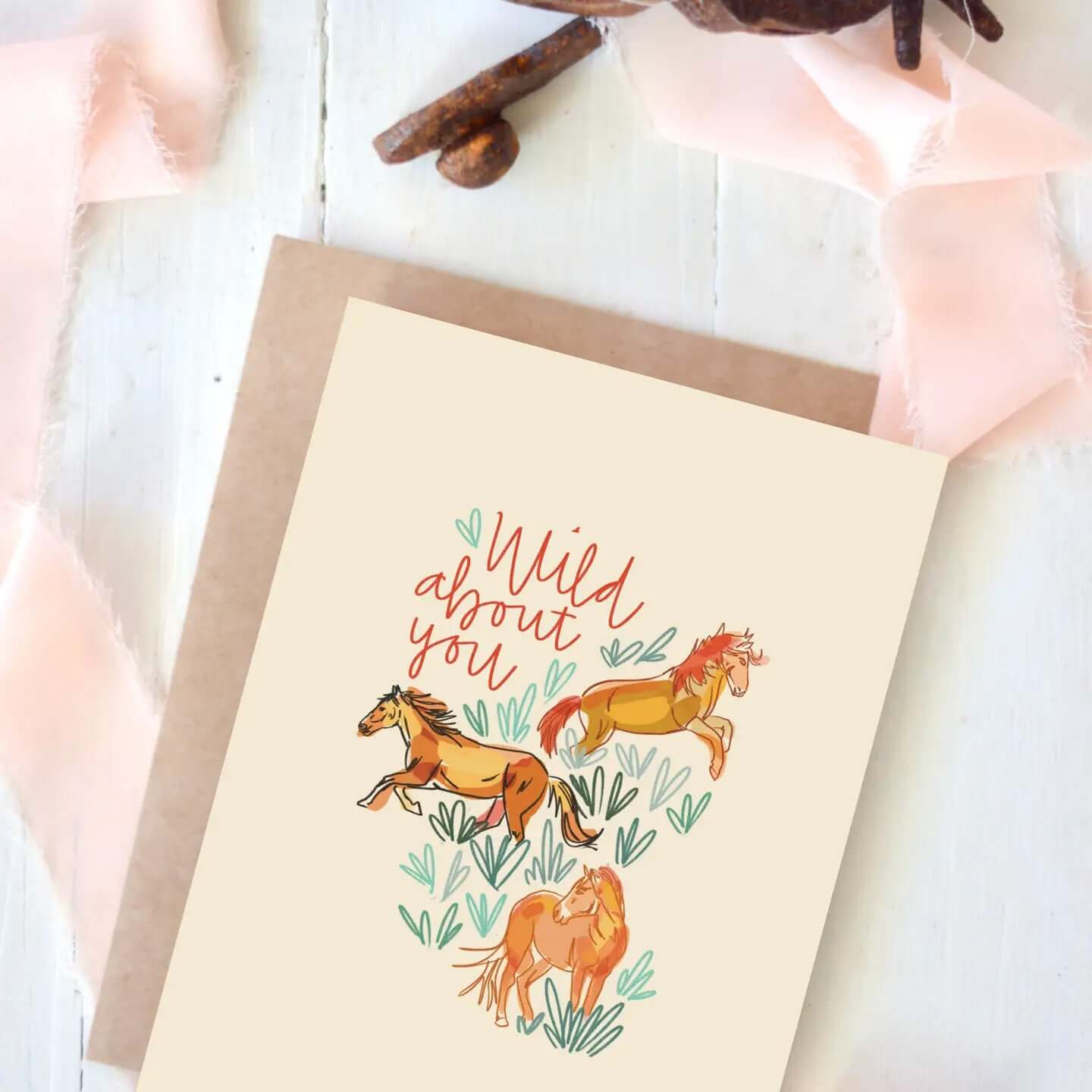 Cowgirl & Cowboy Western Greeting Cards Blank featuring wild horses and floral design, beautifully crafted by Tirzah Lane.