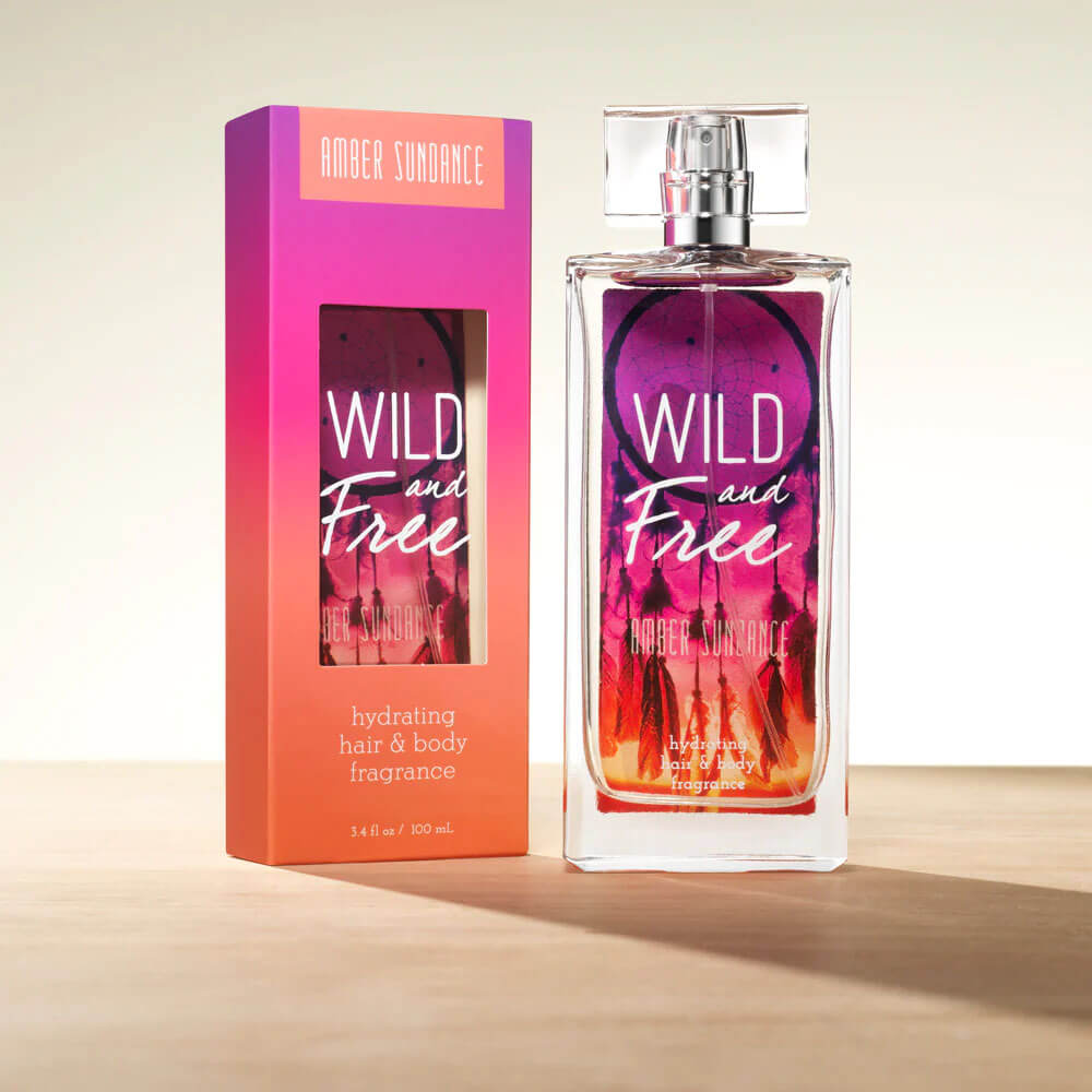 Wild and Free Amber Sundance is not only a body fragrance, but it's also a hydrating fragrance for your hair that smells incredible! Amber Sundance's mix of sun-kissed citrus, coconut crème, gardenia petals, sandalwood and glowing amber leaves a glowing and warm impression. 3.4 oz.