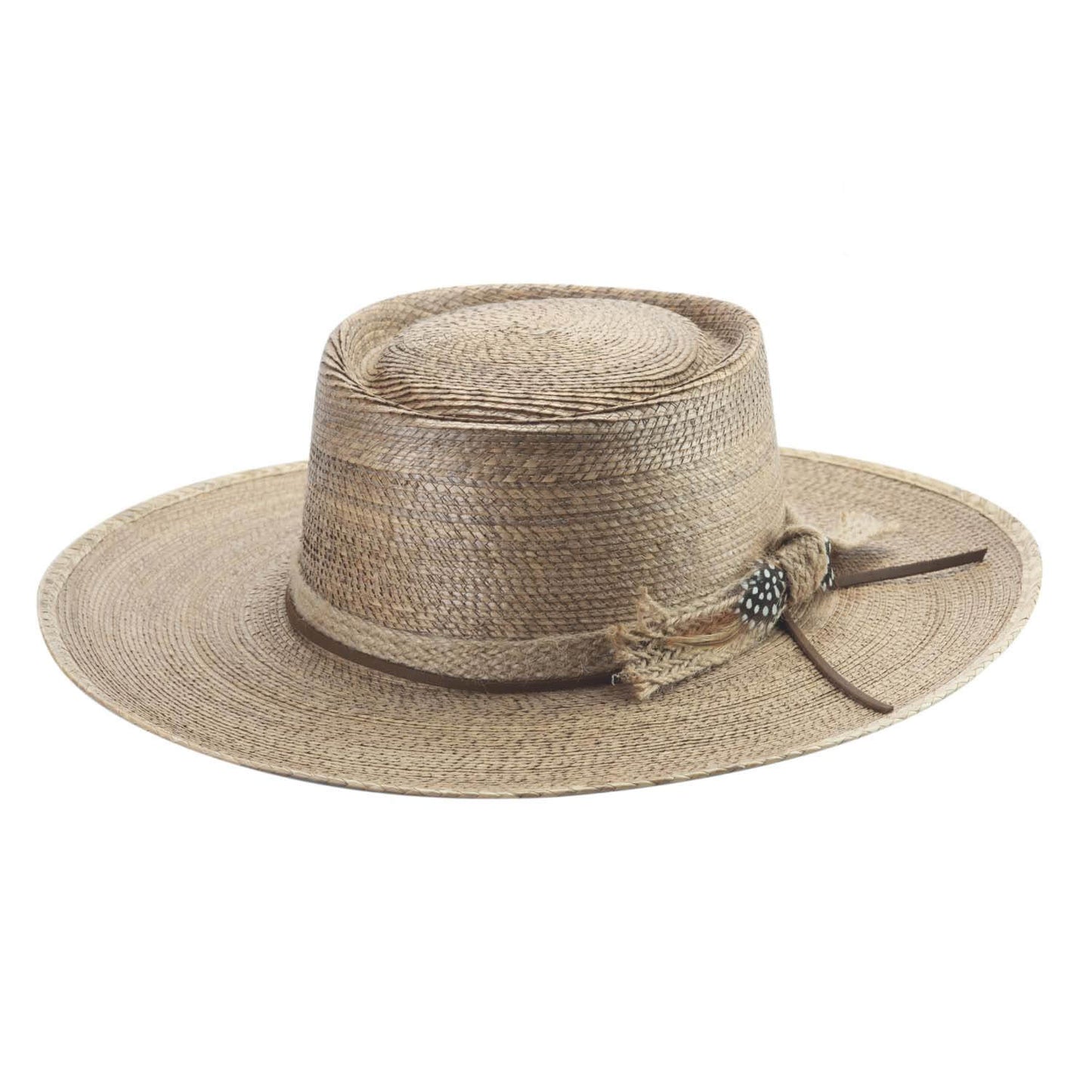 The "Without You" is a great palm leaf sun hat with a wide brim.  The hatband is braided rope, leather, and adorned with beautiful feathers. The hat has an inside ribbon sizer so you can tighten and loosen the hat for a perfect fit as it comes in two sizes. Brim: 3 3/4"  & Crown:  3 3/4" Telescoped Gambler.