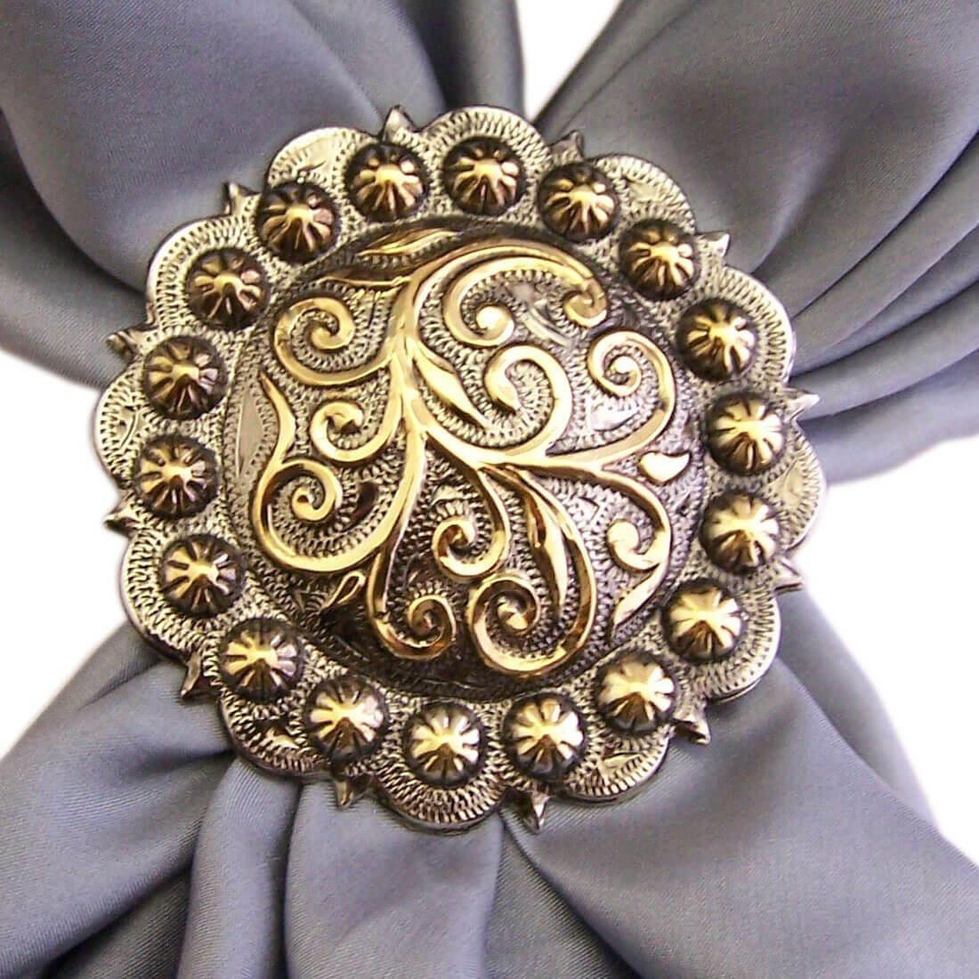 Now the largest slide we have ever carried. Beautiful scalloped edges with gold studded accents around the simple gold entwined design. Go big! Measures  2-1/2" diameter.