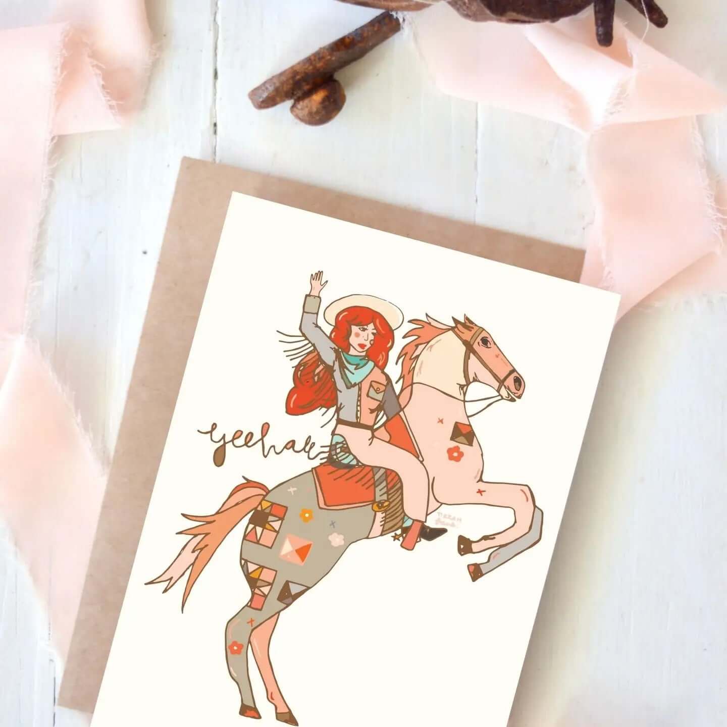 Cowgirl & Cowboy Western Greeting Cards Blank featuring a rider on a horse with a vibrant design.
