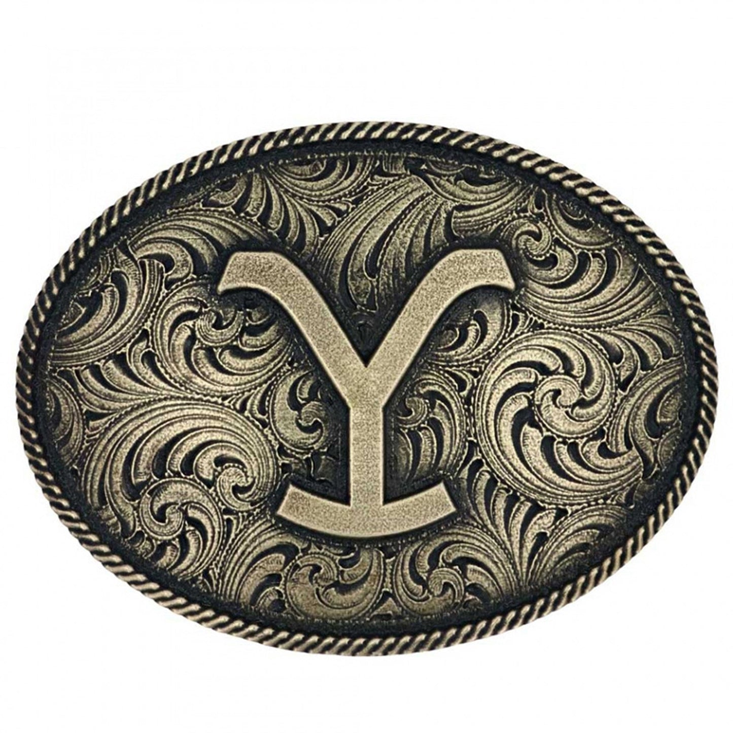 <span>Belt Buckle in an oval in shape with a gold-toned Yellowstone Y brand in the center. Around the Y is ornate filigree trimmed in rope. The background of this buckle is an antiqued black.&nbsp;</span><span>Fits a standard 1-1/2" belt.&nbsp;</span><span>Nickel plated over an alloy base with gold paint. Measures 4"x 3"</span>