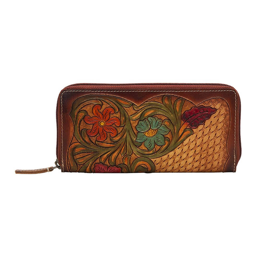 Sturdy, quality leather wallet with vintage western flair. This ladies western wallet is embossed basket weave design background with a beautiful floral design. And there's nothing like zipper bound purses that are incredible to look at but also comes with several compartments and slots for your valuable wallet essentials. 