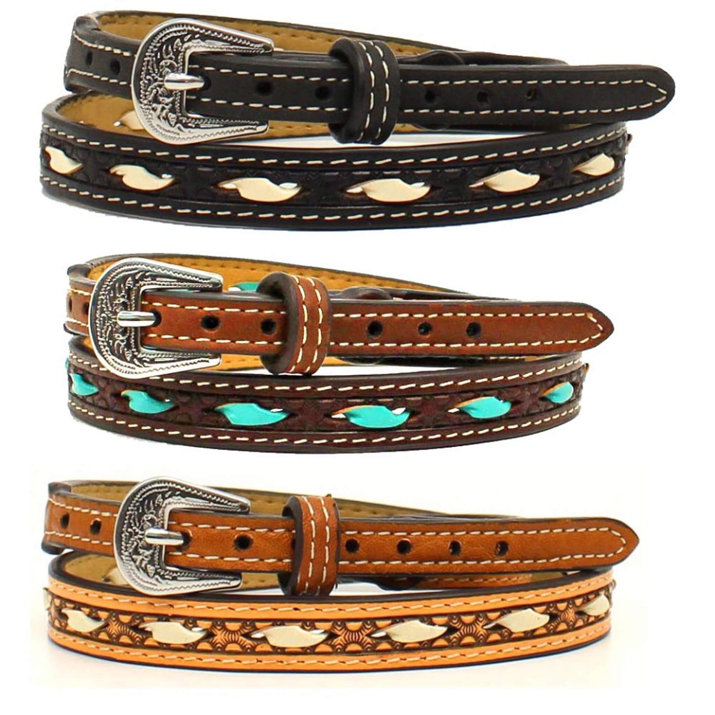 This western hatband will definitely set off the western look on your favorite hat. It features a tooled 1/2" tapered strap with lacing down the center. This hatband uses a belt style adjustment with a rounded silver buckle.