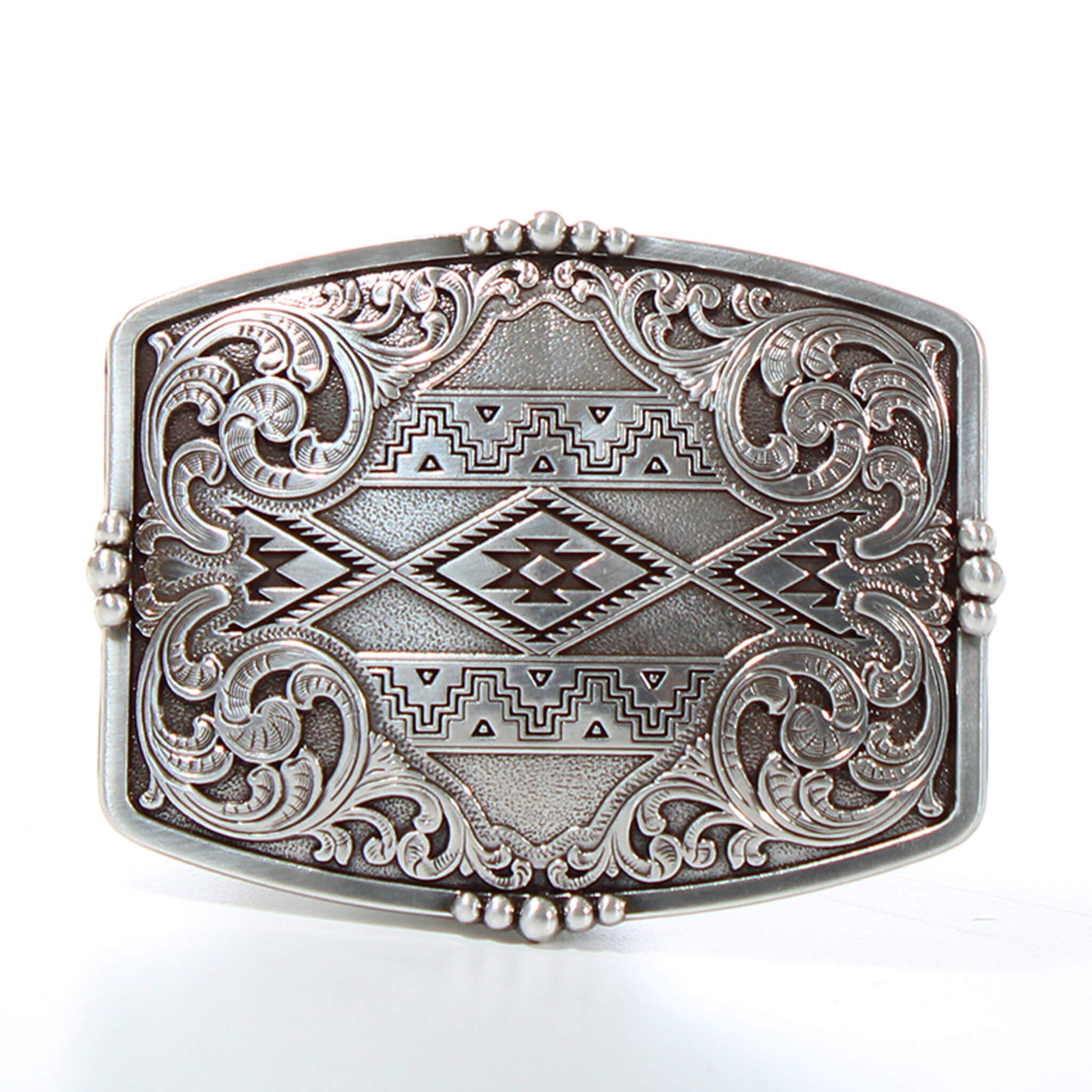 Floral Aztec design engraved on the buckle&nbsp;is definitely a head turner.&nbsp;Smooth edges with stud accents this buckle is simple and but not boring. Will add style and Southwestern edge to any belt. Fits a standard 1-1/2" belt. Imported