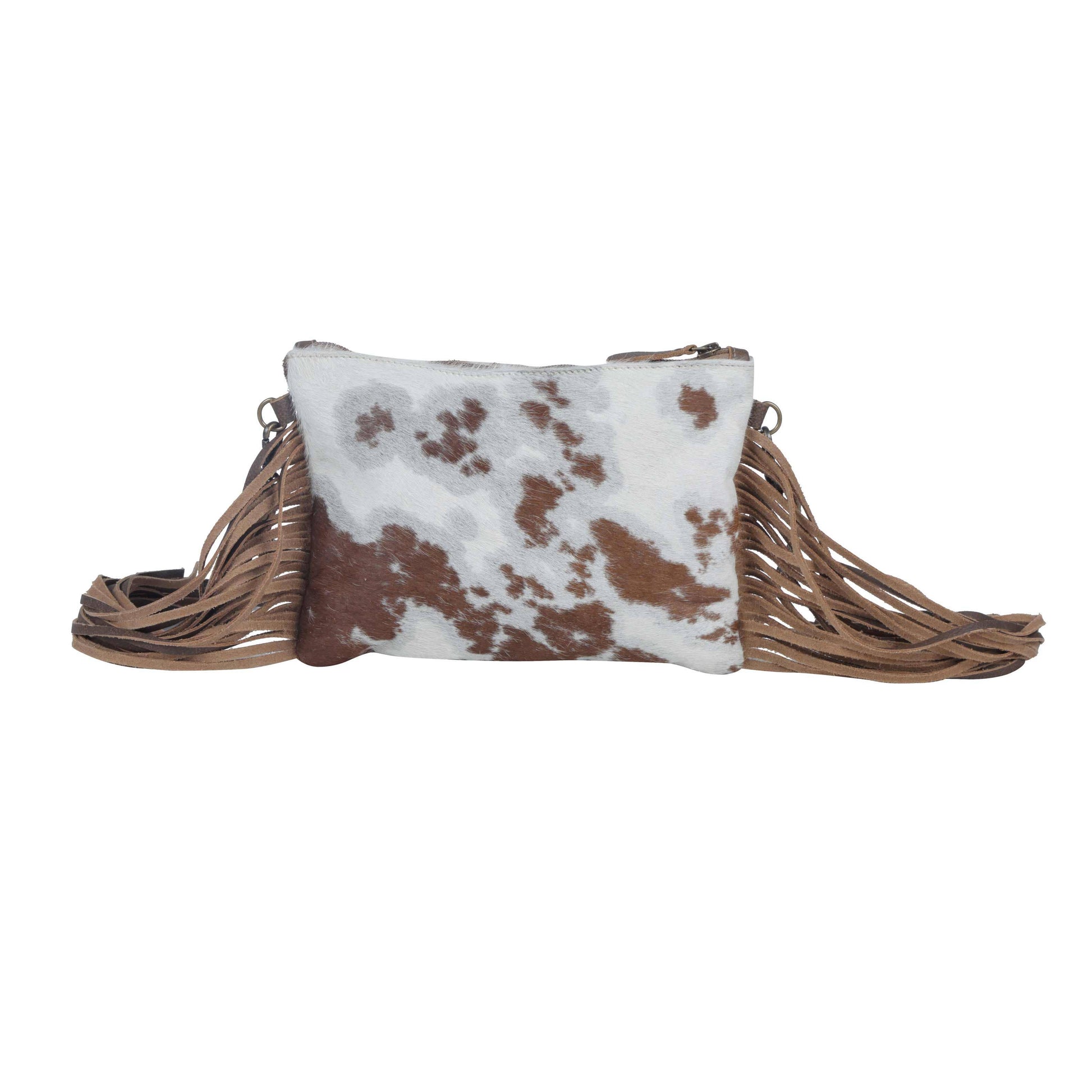 Pouch with cow print fabric and woven handle on a white background
