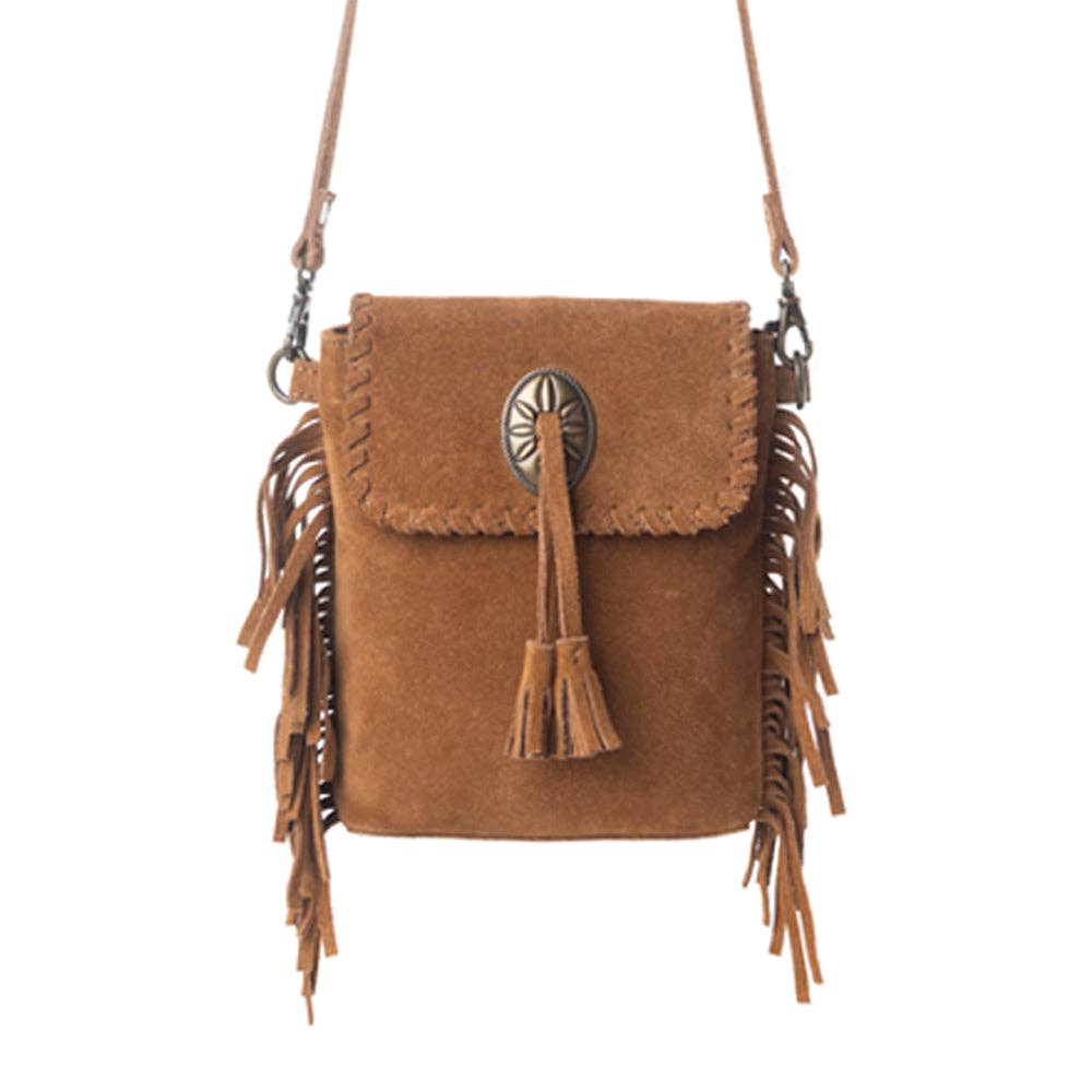 Brown suede handbag with fringe and decorative clasp on a white background