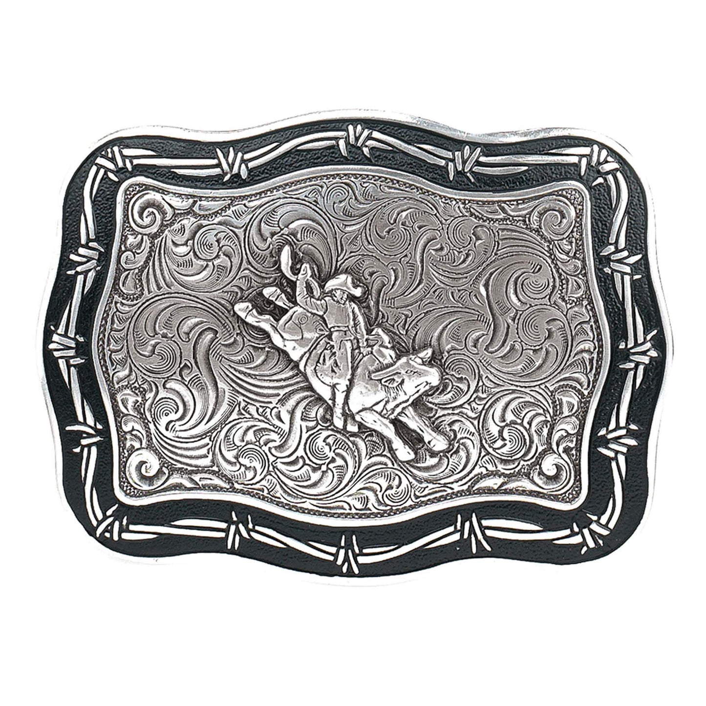 Barbed wire edging, scroll design background and a bull rider combine to give this Crumrine® buckle a very unique western and vintage look. &nbsp;This buckle will look great with your favorite pair of jeans or dress pants. &nbsp;Measures 3-1/4" x 4-3/4".