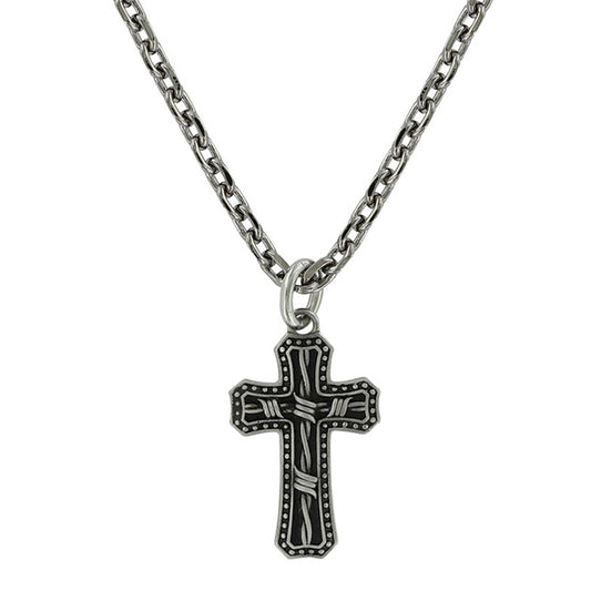 A deeply antiqued stainless steel cross pendant with a center barbed wire design and outer microbeads edge with a 28 inch chain. Cross Pendant measures approximately 1-1/2" x 3/4"