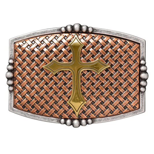 A western belt buckle that features a beautiful cross motif against a contrasting basket weave background. This buckle will add a distinctive accent to your favorite belt. 2-3/4" x 3-3/4" 
